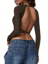 Women's Crew Neck Open Back Long Sleeve Basic Crop Tops Stretch Backless Going Out Tee Shirt